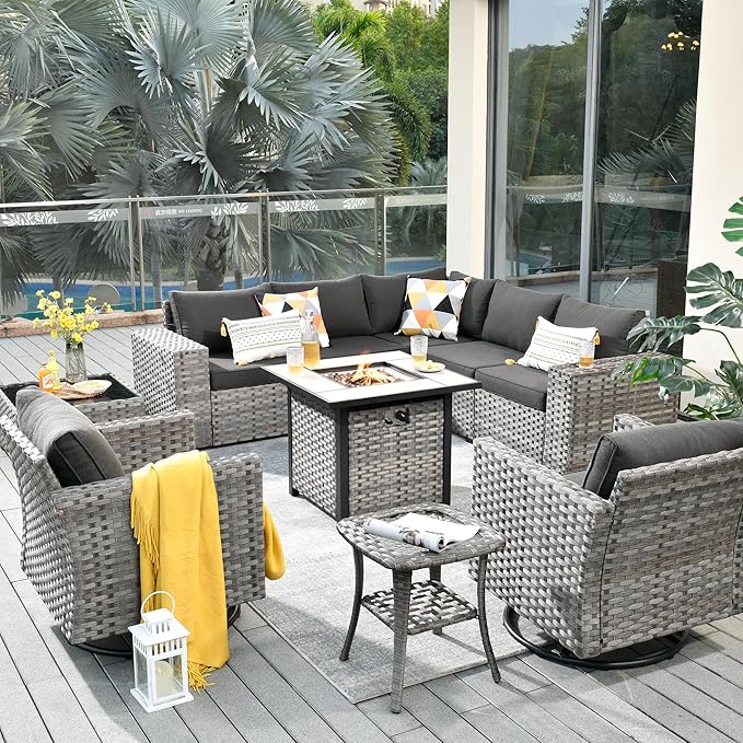 HOOOWOOO 10 Piece Modular Patio Outdoor Sectional Furniture Set with Gas Propane Fire Pit Table,Wicker Conversation Sofa Set with Swivel Chairs,Outside Couch Set(Black)