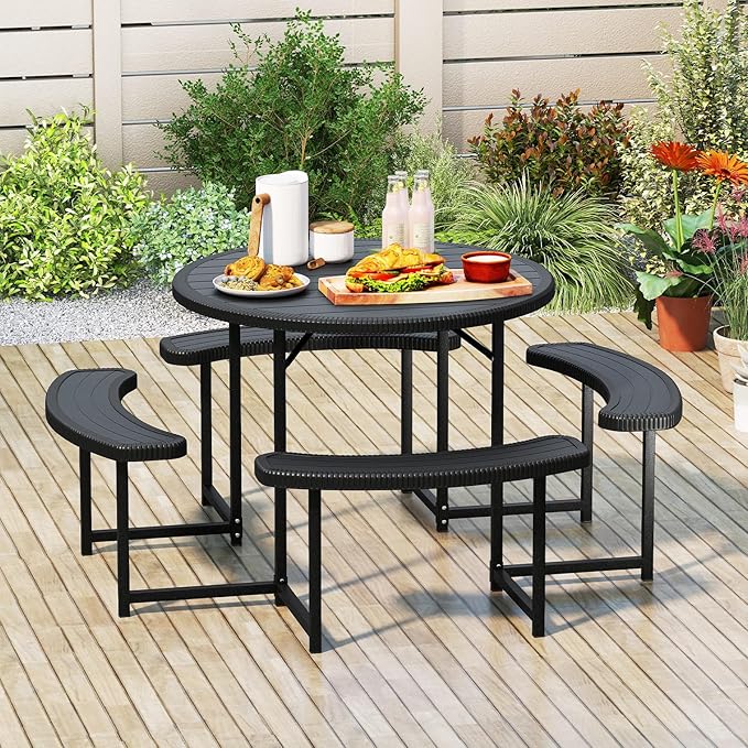 Tangkula 8 Person Picnic Table, HDPE Outdoor Round Table and Bench Set with 4 Built-in Benches, Umbrella Hole, Metal Frame for Garden Yard Patio Lawn
