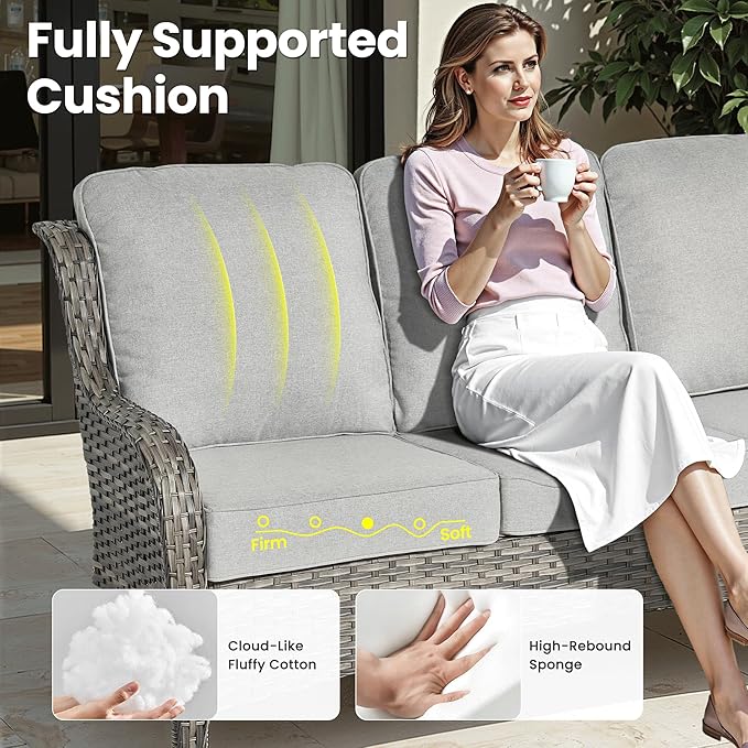 ovios 9 Pieces Patio Furniture Set, Outdoor Wicker Sofa Couch with Swivel Chairs Ottomans Comfy Cushions, All Weather High Back Modern Conversation Sets, Grey Rattan, Grey