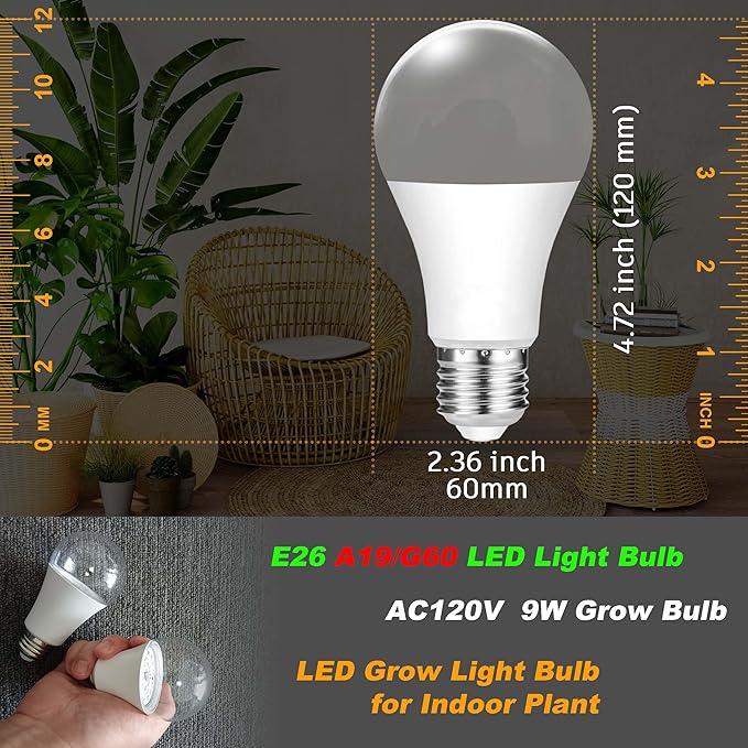 Full Spectrum Grow Light Bulbs 9W E26 A19 Sun Plant Growing Bulb 100W Equivalent with 5000K Red Blue LEDs for Indoor Small Plants Growing, Indoor Greenhouse, Indore Garden, Hydroponics, School, 1 Pack
