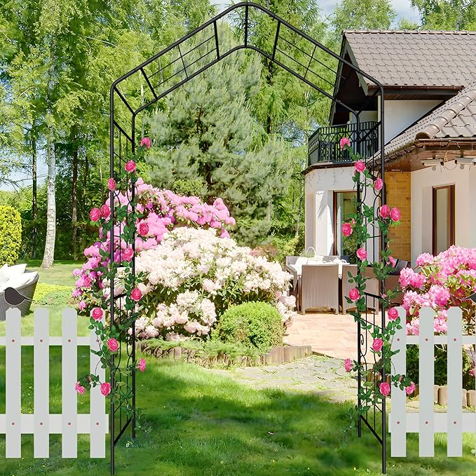 Metal Garden Arch 94.5" H Garden Arbor Trellis Climbing Plants Support Lines Pattern Arch Outdoor Lawn Wedding Party Events Archway Black