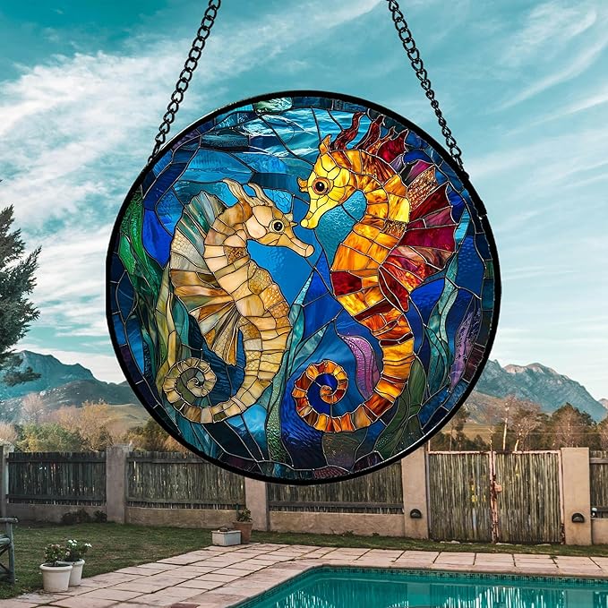 Stained Glass Window Hanging - Blue Ocean Orange Seahorse Suncatcher for Door Terrace Garden Home Decor, Marine Life Sun Catcher Birthday Gifts for Lovers Women Men Dad Mom Nana 6.3 in