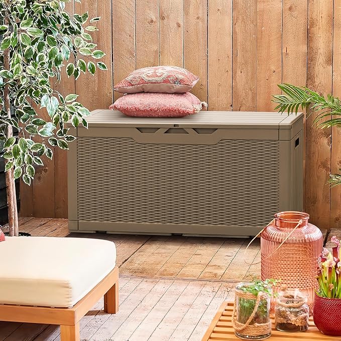 Greesum 100 Gallon Resin Patio Storage Box for Garden Tools, Outdoor Furniture Cushions, Pool Supplies, Light Brown