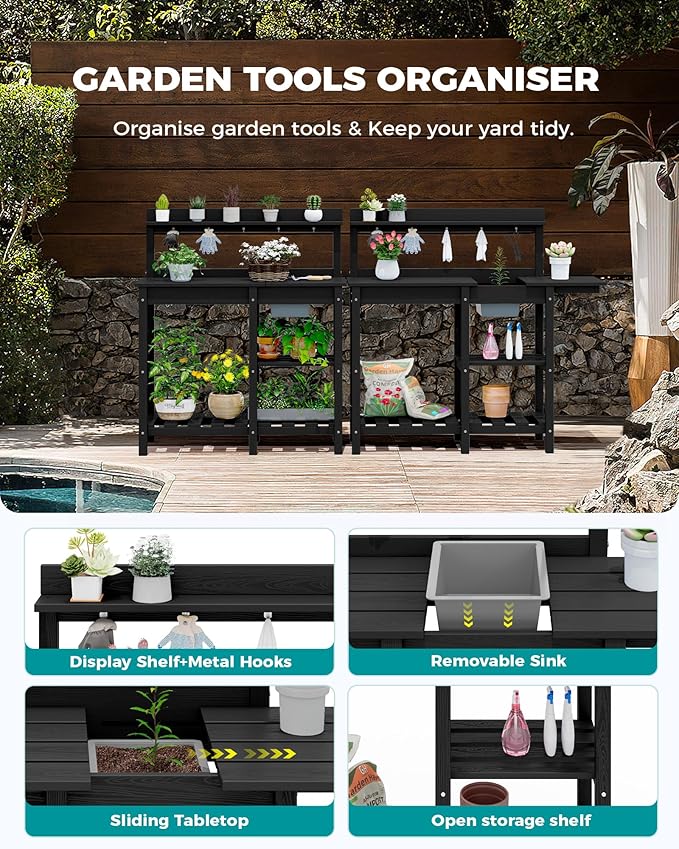 SERWALL Potting Bench Outdoor Potting Table with Sink, HDPE Potting Benches for Outside Gardening Table All Weather Use- Black