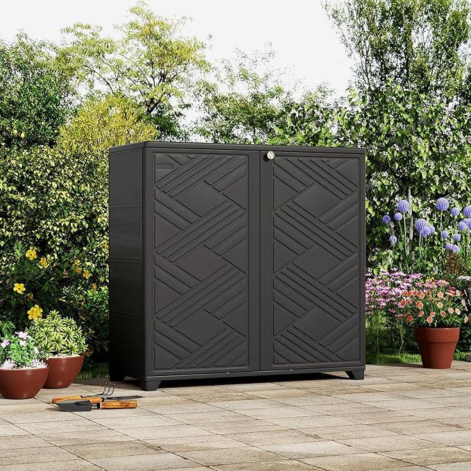 ZZM Indoor/Outdoor Storage Cabinet Waterproof, 34"x15"x34" Plastic Outdoor Storage Box for Garden Balcony Bathroom, All Weather Outdoor Storage Clearance, DIY Usage, with 1 Shelf (Black)