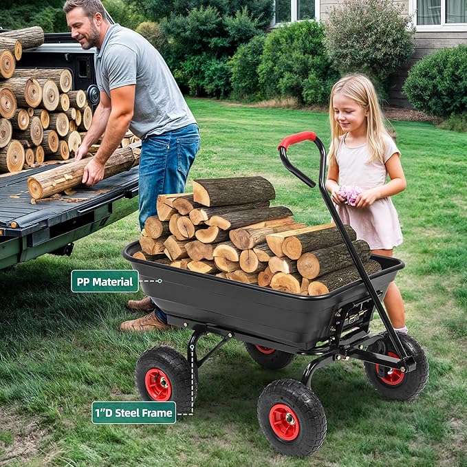 600lb Garden Dump Cart,4 Cu.Ft Utility Wagon Wheelbarrows with Quick-Release System&4 Pneumatic Tires,Heavy Duty Yard Dump Wagon with Steel Frame for Yard, Farm, Garden(Black)