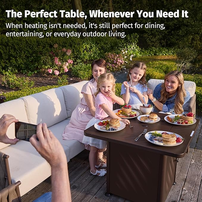 EAST OAK 28โ Outdoor Propane Fire Pit Table | 52,000 BTU Gas Fire Pit for Outside with Easy-Hook Lid, Mesh Pocket & Lava Rocks | CSA Certified | Ideal for Patio, Garden & Backyard | Brown