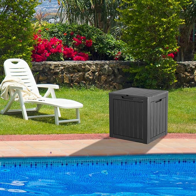 35 Gallon Waterproof Large Resin Deck Box Indoor/Outdoor Lockable Storage Container and Seating for Garden, Pool, and Patio (35 Gallon, Black)