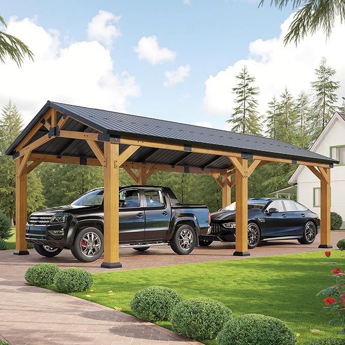 Jocisland 12x24x9.5 FT Cedar Wood Hardtop Carport with Steel Roof, Waterproof Outdoor Gazebo Pavilion, Heavy-Duty Snow & Wind Resistant Canopy for Patio, Driveway, Garden