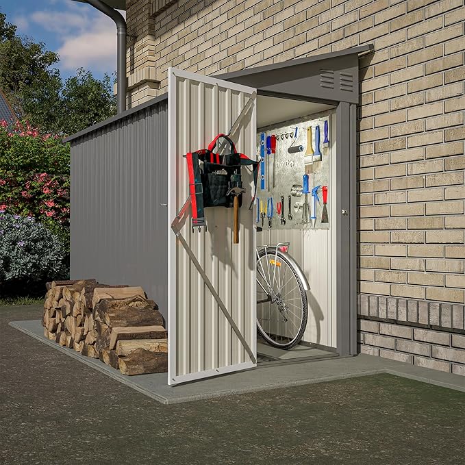 4×8 FT Outdoor Metal Storage Shed,Heavy-Duty Lean to Storage Shed with Floor Base,Garden Tool Metal Storage House W/Lockable Door and 2 Air Vents,Weather Resistant,for Backyard,Patio,Lawn,Gray