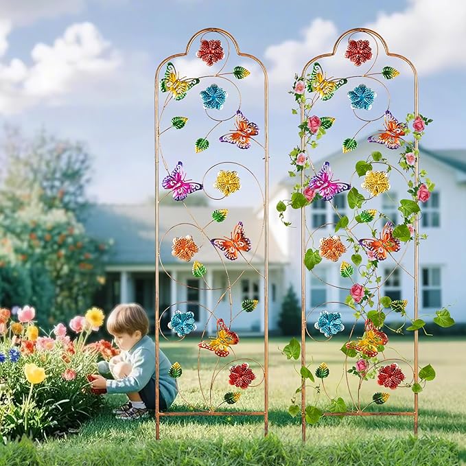 60βTrellis for Climbing Plants,2Pack Outdoor Garden Trellis Metal with Colorful Butterfly Ideal for Climbing Plants Outdoor Decorative Metal Trellis for Your Garden,Gifts for Mom