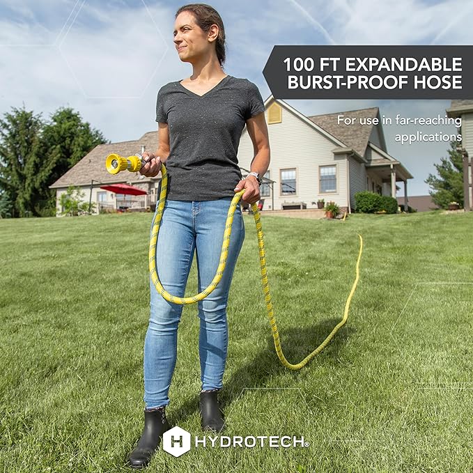 HydroTech 100 ft Expandable Garden Hose - Pro Series, 2x Max Flow, 3/4" No-Kink Flexibility, Lightweight Hose for Lawn, Garden, Car Washing, Deck and Patio Cleaning