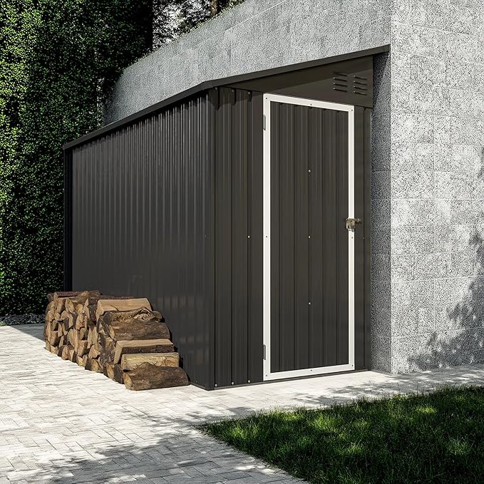 4x8 FT Metal Outdoor Storage Shed with Lockable Door and 2 Air Vents, Lean to Storage Shed, Garden Tool Storage Cabinet for Backyard Patio Lawn, Black