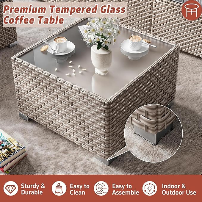 6 Pieces Patio Furniture Set, Outdoor Sectional Wicker Sofa with Thickened Cushions and Coffee Table, High Back Rattan Patio Conversation Sets for Garden Backyard, Grey