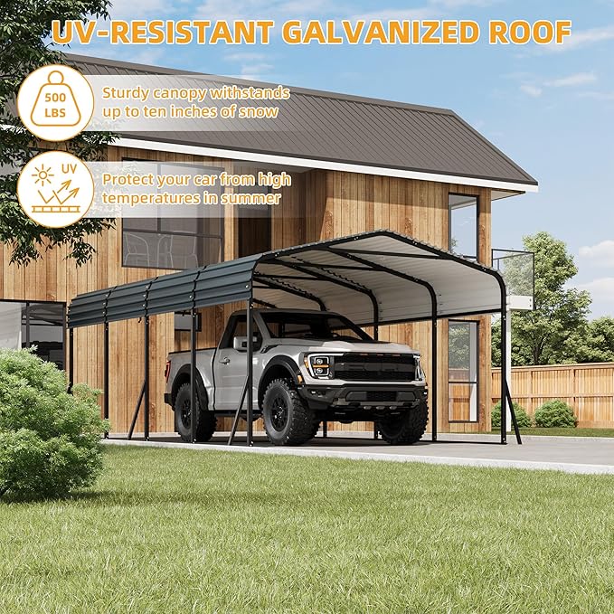 12' X 20' X 8.5' Heavy Duty Metal Carport with Galvanized Roof, Weatherproof Car Garage Shelter, All-Weather Permanent Cover for Cars/Trucks/Boats/Tractors