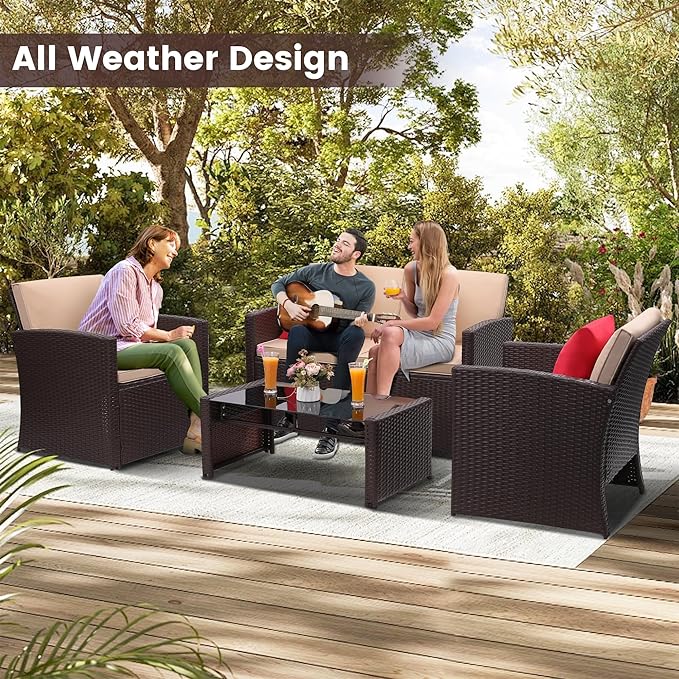 4 Pieces Patio Conversation Set, Outside Rattan Sectional Sofa, Cushioned Furniture Set, Wicker Sofa Ideal for Garden, Porch, Backyard, Brown Color Rattan and Beige Cushion
