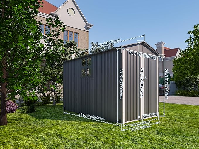 6x10 FT Outdoor Storage Shed, Metal Motorcycle Shed with Window, Storage Building with Lockable Hinged Doors & Sloped Roof, Waterproof Outside Garage Sheds for Garden, Backyard, Patio, Gray+White