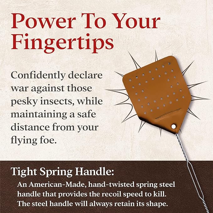Leather Fly Swatter Set (2 Pack) – 17” Amish-Made Fly Swat w/Real Leather Paddle – Fly Swatters Multi Pack w/Metal Handle – Bug Swatter, Mosquito Swatter, Wasp Swatter (Brown)