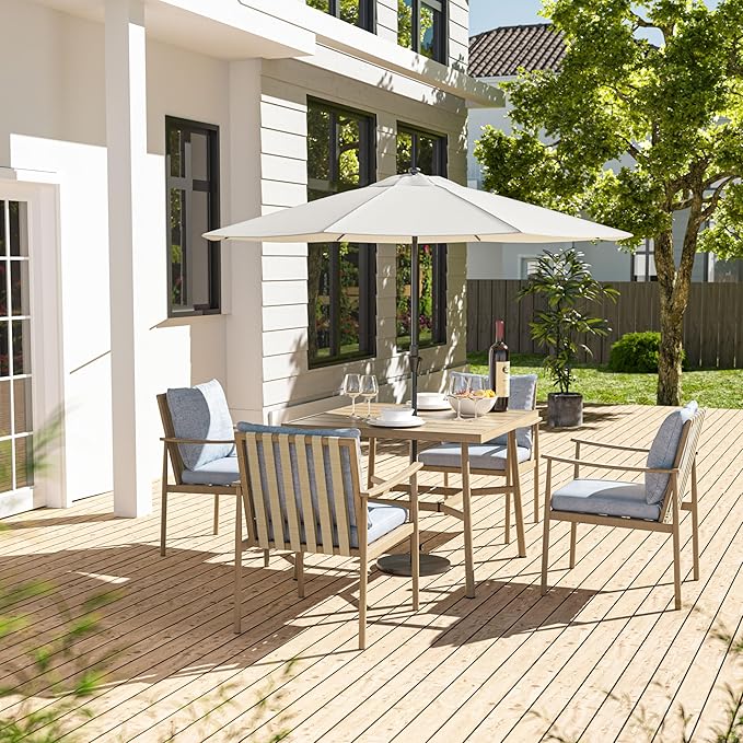 HAPPATIO 5-Piece Outdoor Dining Set for 4, Aluminum Patio Dining Set Includes 1 Large Square Table with Umbrella Hole and 4 Dining Chairs, Patio Furniture Set for Lawn, Porch, or Backyard (Brown)