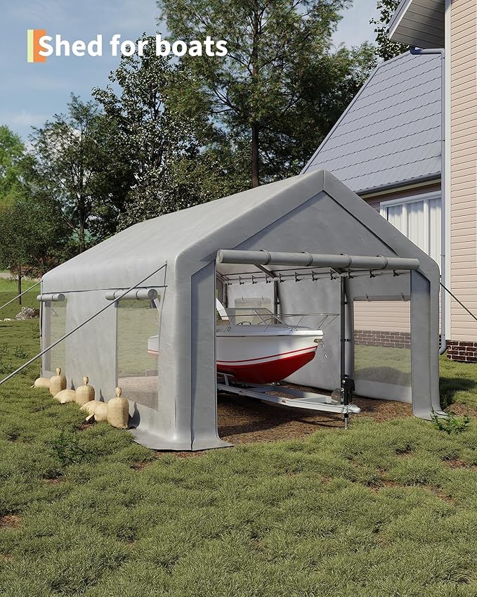 10X20Ft Waterproof Carport Canopy with Roll-Up Mesh Windows & Double Zipper Doors, 180g PE Tarp Cover for Cars, Trucks, SUVs, RVs, Boats & Outdoor Equipment Storage, White