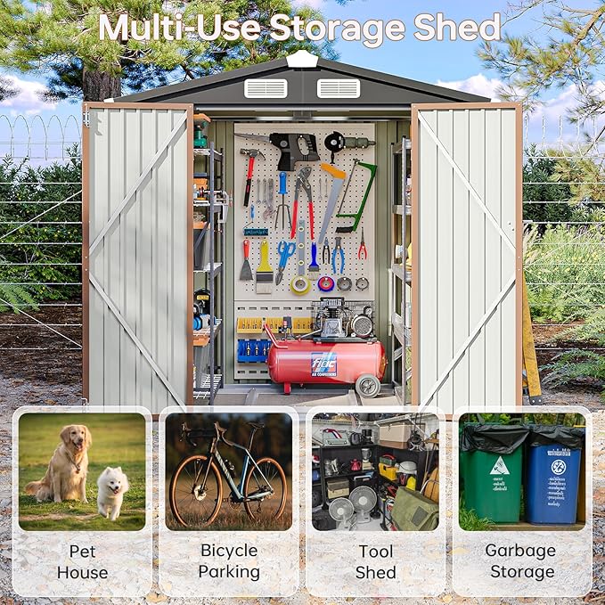 6x4 FT Outdoor Storage Shed with Base, Metal Garden Tool Shed with Sloping Roof & Lockable Door for Patio Lawn Backyard (Brown with Base)