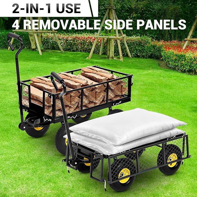 Heavy Duty Steel Garden Cart, 550LBS Pullable Metal Garden Wagon with 10" Wheels, 180° Rotating Handle and Removable Sides for Outdoor, Farm, Yard, Beach 