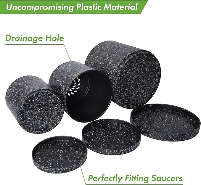 D'vine Dev 6.5 Inch 8 Inch 10 Inch, Set of 3 Plastic Planter Pots for Plants with Drainage Hole and Seamless Saucers, Speckled Black Color, Large, 74-V-F-4
