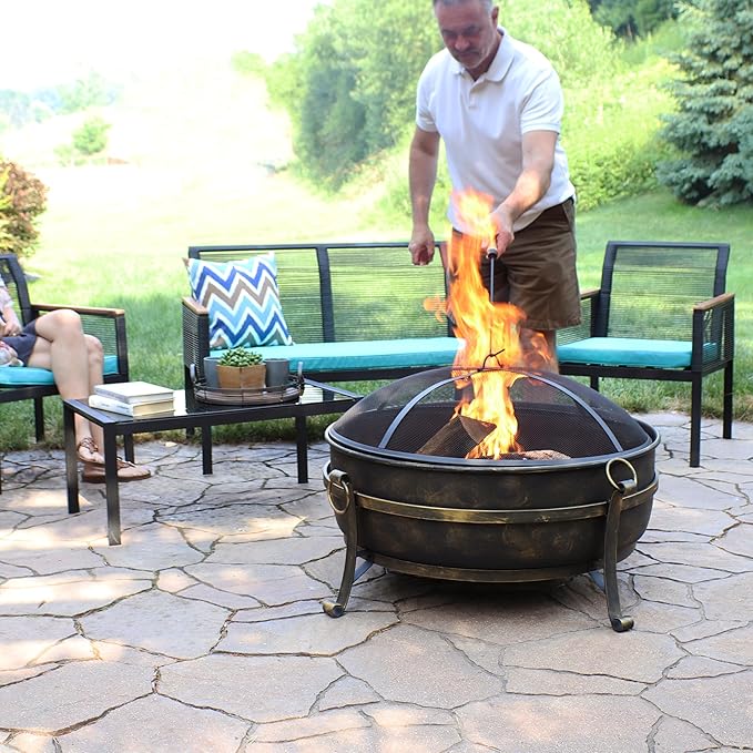 Sunnydaze 34-Inch Large Fire Pit for Outside - Wood-Burning Fire Pit Bowl for Outdoors with Spark Screen, Log Poker, and Grate