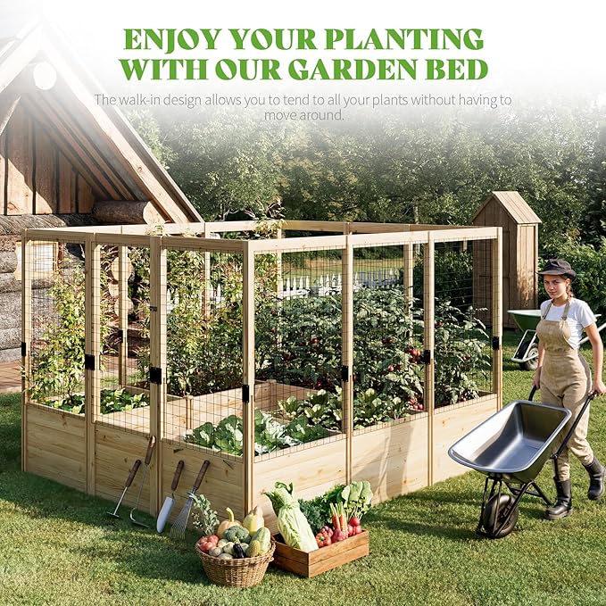 PaPaJet Wooden Raised Garden Bed for Outdoor, 1.6FT Depth Large Planter Box with Netting for Gardening, Vegetables, Flowers, Herbs(7.5× 8.9× 5.9FT)