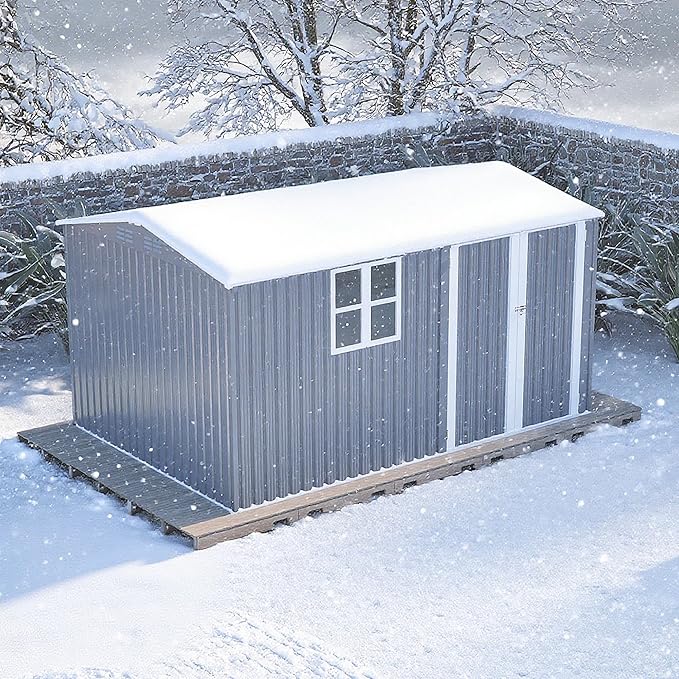 8x12FT Outdoor Storage Shed,XL Heavy-Duty Metal Shed W/Window & Floor Frame,Garden Tool House W/ 4 Air Vents,Dual Sliding Hinged Door & Sloped Roof,for Backyard,Patio,Lawn,Grey