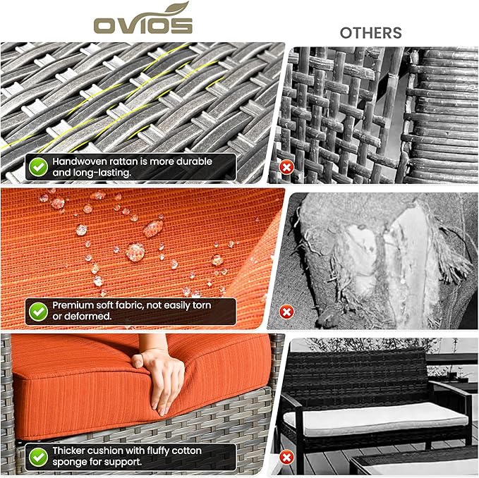 ovios Patio Furniture Set, 6 Pieces Outdoor Wicker Sofa Couch with Loveseat, Ottomans and Comfy Cushions, All Weather High Back Rattan Conversation Set, Orange Red