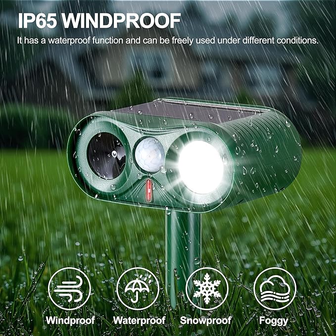 4Pack Solar Ultrasonic Animal Repeller with Strobe Light – for Gardens, Farms and courtyards Outdoor Deterrent for Raccoons, Deer, Squirrels, Cats, Skunks & Foxes