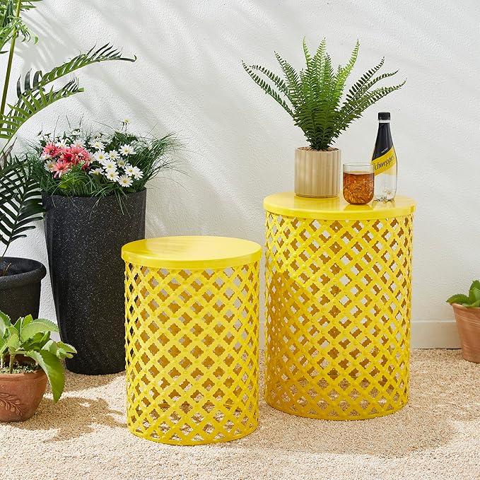 Glitzhome Outdoor Side Table Set of 2, Decorative Garden Stool for Indoor Outdoor Heavy Duty Metal Frame Accent Table Modern End Table, Yellow