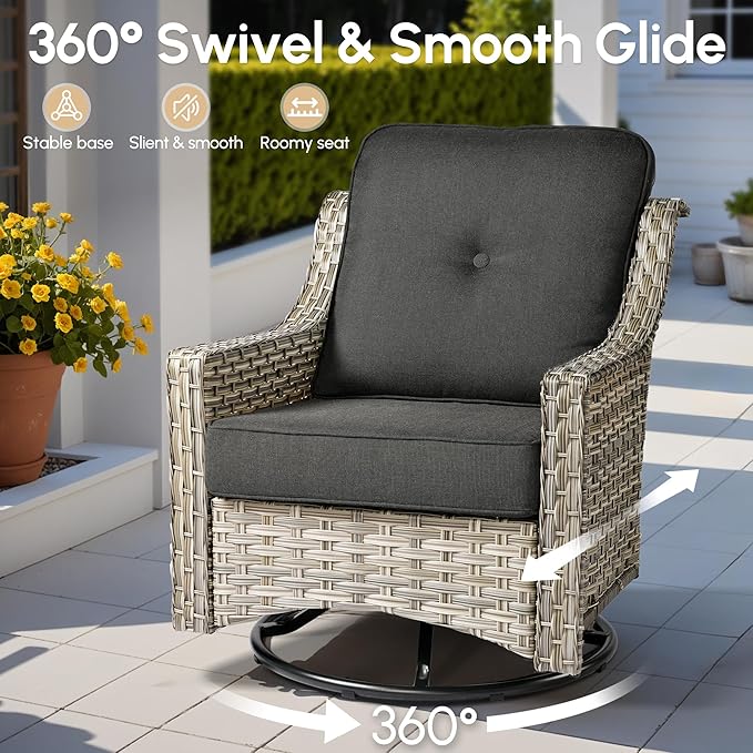 8 Pieces Patio Outdoor Furniture Set with Swivel Rocking Chairs,All Weather Wicker Rattan Patio Seating Sofa and Chair Set w/Ottoman,Outdoor Conversation Sets for Deck Yard Garden,Black