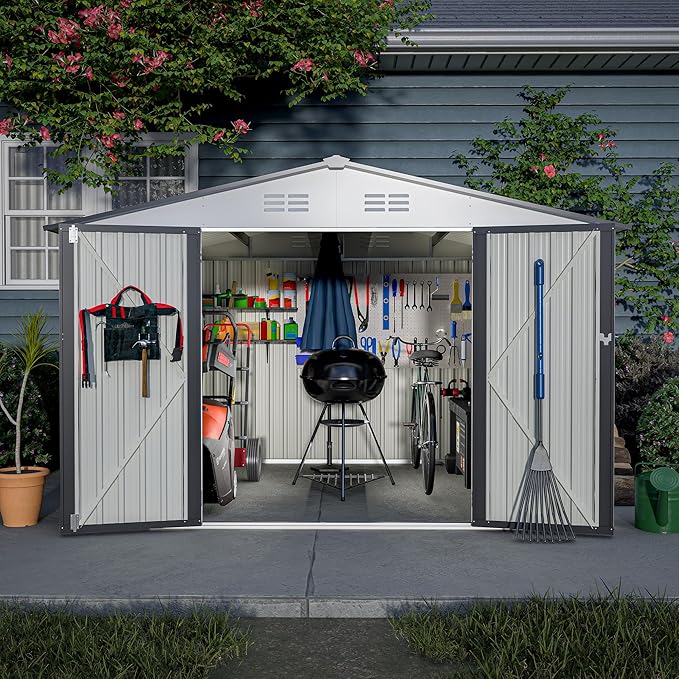 Outdoor Storage Shed, 10X8 FT Galvanized Steel Metal Shed, Lockable Waterproof Tool Storage Sheds for Garden, Patio, Lawn – Durable Storage Solution in Multiple Sizes
