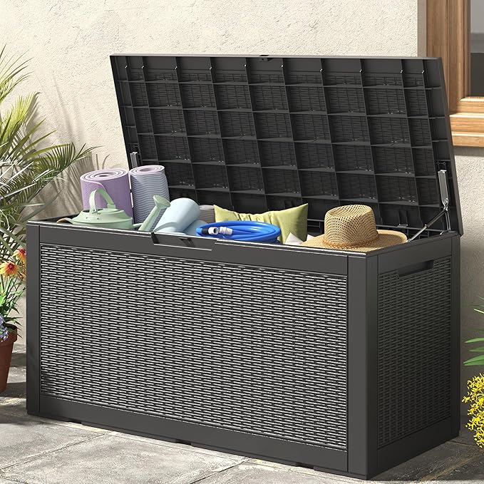 NUNU LAB 101 Gallon Resin Deck Box โ Large Lockable Outdoor Storage Box with Gas Lift, Waterproof Patio Storage for Cushions, Garden Tools, Pool Supplies, and More, Black