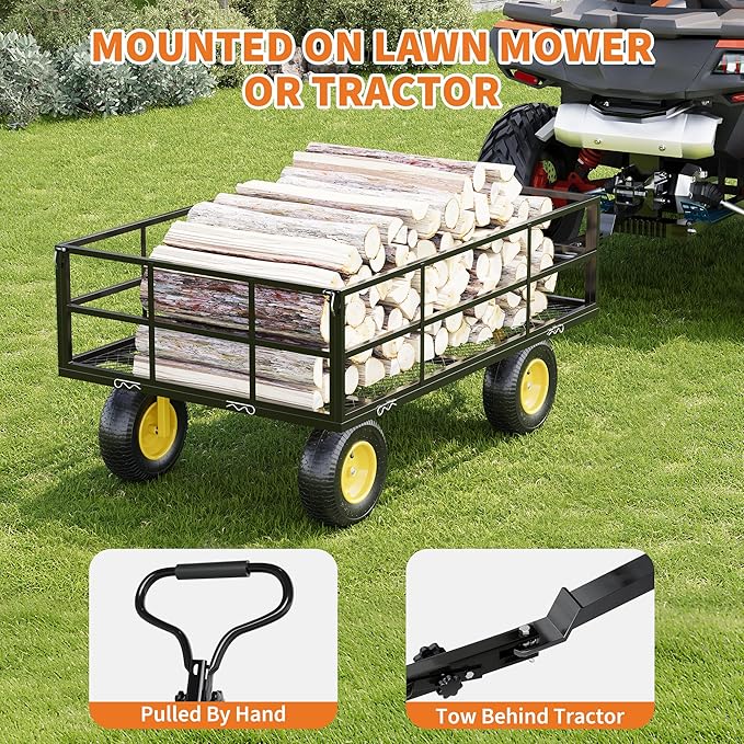 3-in-1 Heavy-Duty Steel Garden Cart, 1200 Lbs Garden Wagon, with 13 Inch All-Terrain Tires and Removable Mesh Side Panels, 180° Rotating Handle, Metal Multi-Function Carts, Outdoor Gardens Wagon Cart