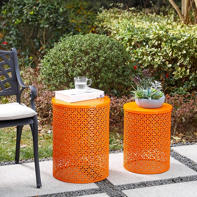 Glitzhome Outdoor Side Table Set of 2, Decorative Garden Stool for Indoor Outdoor Heavy Duty Metal Frame Accent Table Modern End Table, Glossy Orange