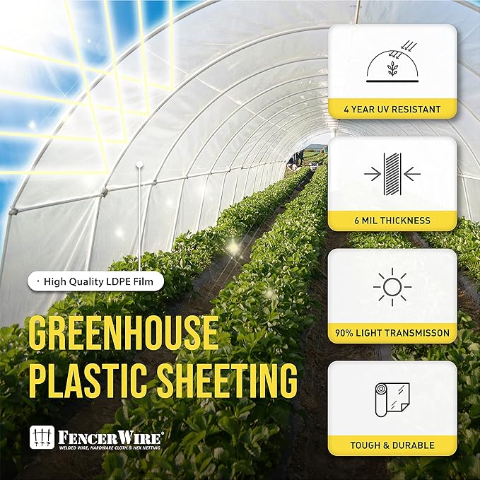 Fencer Wire 6 mil Clear Greenhouse Plastic Sheeting UV Resistant Polyethylene Greenhouse Film, Hoop House Cover for Horticulture, Gardening, Farming and Agriculture 90% Light Transmittance, 32β x 50β