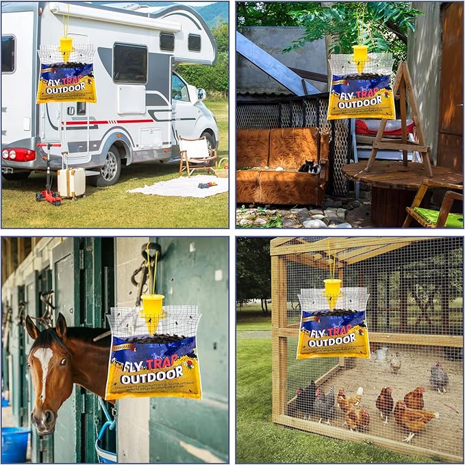 Disposable Fly Traps 6 Pack Big Bags Outdoor, Flies Catcher Traps with Natural Pre-Bait Refill Repellent, Stable Horse Ranch Trapper Outdoor Hanging Fly Killer Helps Control Flies