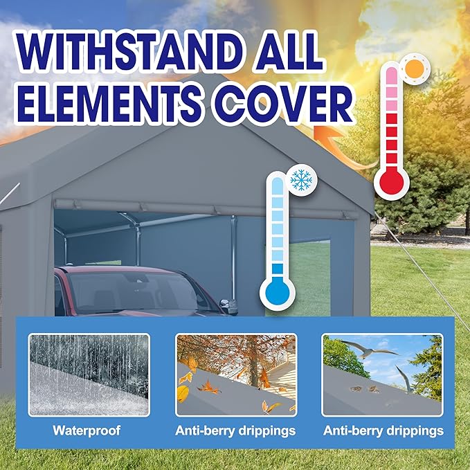 Carport 12x20 Ft Heavy Dut Car Port Canopy, Portable Garage with Removable Sidewalls & Doors for Car, Truck, Boat, Garden Tools (Grey)