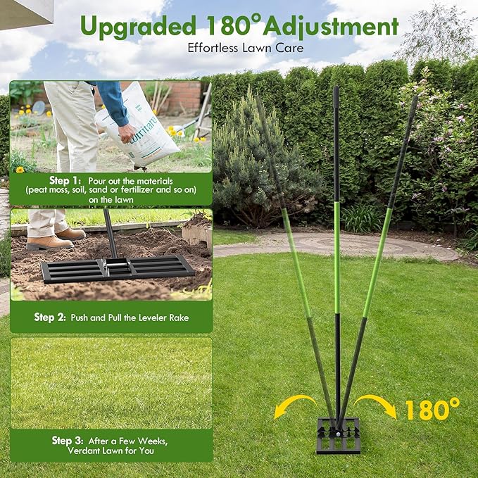 Seeutek Lawn Leveling Rake, 35” x 10” Lawn Leveler with 6.5FT Durable Handle Rakes for Lawns, 0-180° Adjustable Ground Leveler Tool for Yard, Level Soil Sand Dirt Surfaces