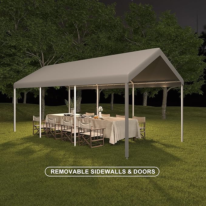 Carport, 10x20 ft Grey Heavy Duty Carport with Roll-up Windows, Portable Garage with Removable Sidewalls & Doors, Car Canopy and All-Season Tarp for Car Boat Truck Motorcycle