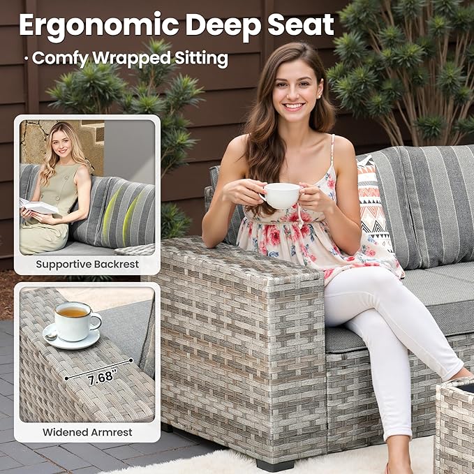 ovios 13 Pieces Patio Furniture Set, Outdoor Wicker Sectional Sofa with 54 Inch Fire Pit Table Comfy Cushions, Modern Modular Deep Seat Rattan Couch Conversation Set, Dark Gray Stripe