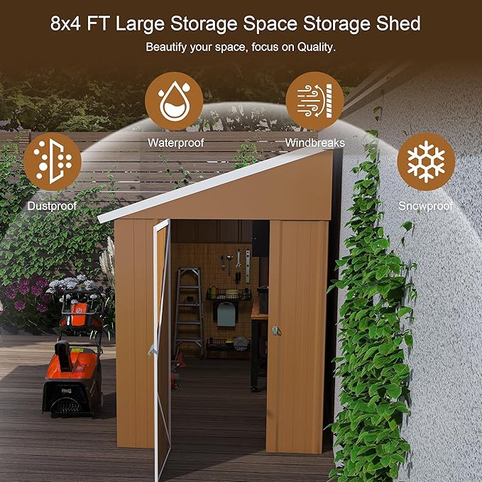 8x4 FT Outdoor Steel Storage Shed with Clear Windows, Outswing Lockable Door & Ventilation, Brown and White Weather-Resistant Metal Tool Shed for Garden, Backyard, Lawn, and Utility Storage