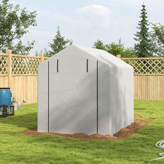 Outsunny Walk-in Greenhouse for Outdoors with Roll-up Zipper Door, 18 Shelves, PE Cover, Small and Portable Green House, Heavy Duty Humidity Seal, 95.25" x 70.75" x 82.75", White