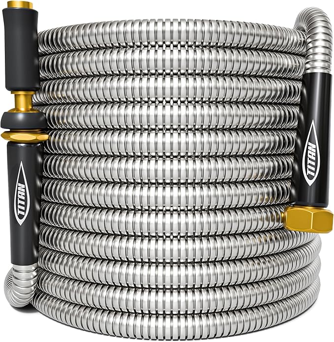 TITAN Garden Hose 15FT - 304 Stainless Steel Metal Water Hose, Flexible, Kink-Free, Lightweight, Durable, Crush Resistant Fittings, Easy to Coil, 500 PSI