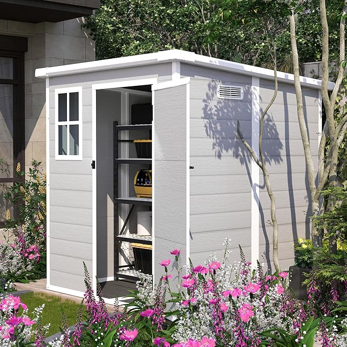 Resin Storage Shed 6x6ft Outdoor Storage Sheds with Floor & Window, Lockable Doors and Vents, Small Tool Shed with Sloped Roof, Sheds for Backyard, Garden, Patio, Lawn (Light Grey, 6 * 6ft)