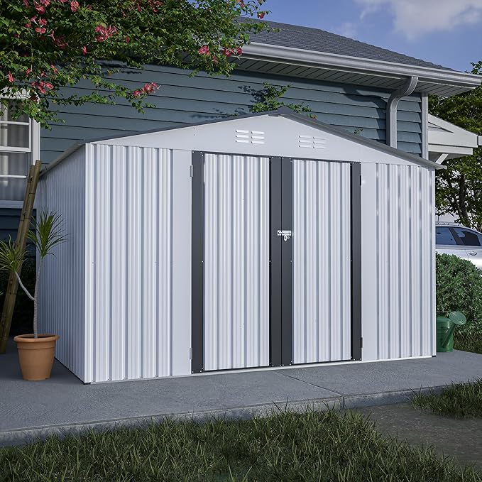 10X8 FT Outdoor Storage Shed, All Weather Metal Sheds with Lockable Doors, Tool Shed for Garden, Patio, Backyard, Lawn (White, 10x8ft)