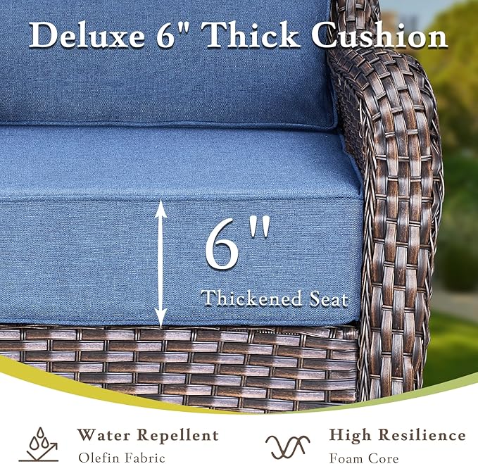 Luxury High Back Outdoor Furniture with 6-inch Extra Thick Cushions, Patio Furniture Set with Swivel Chairs, 4 PCS Wicker Conversation Set for Yard, Deck, Poolside, Brown/Blue